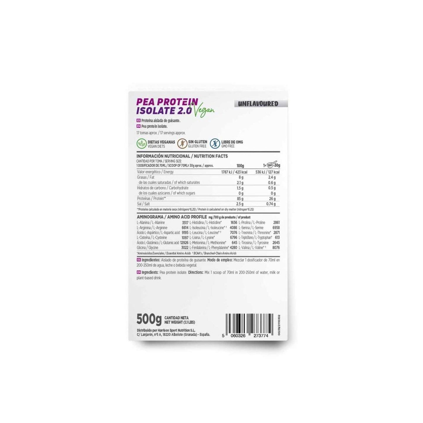 HSN Proteína de Guisante Aislada 2.0 Sin Sabor 500g