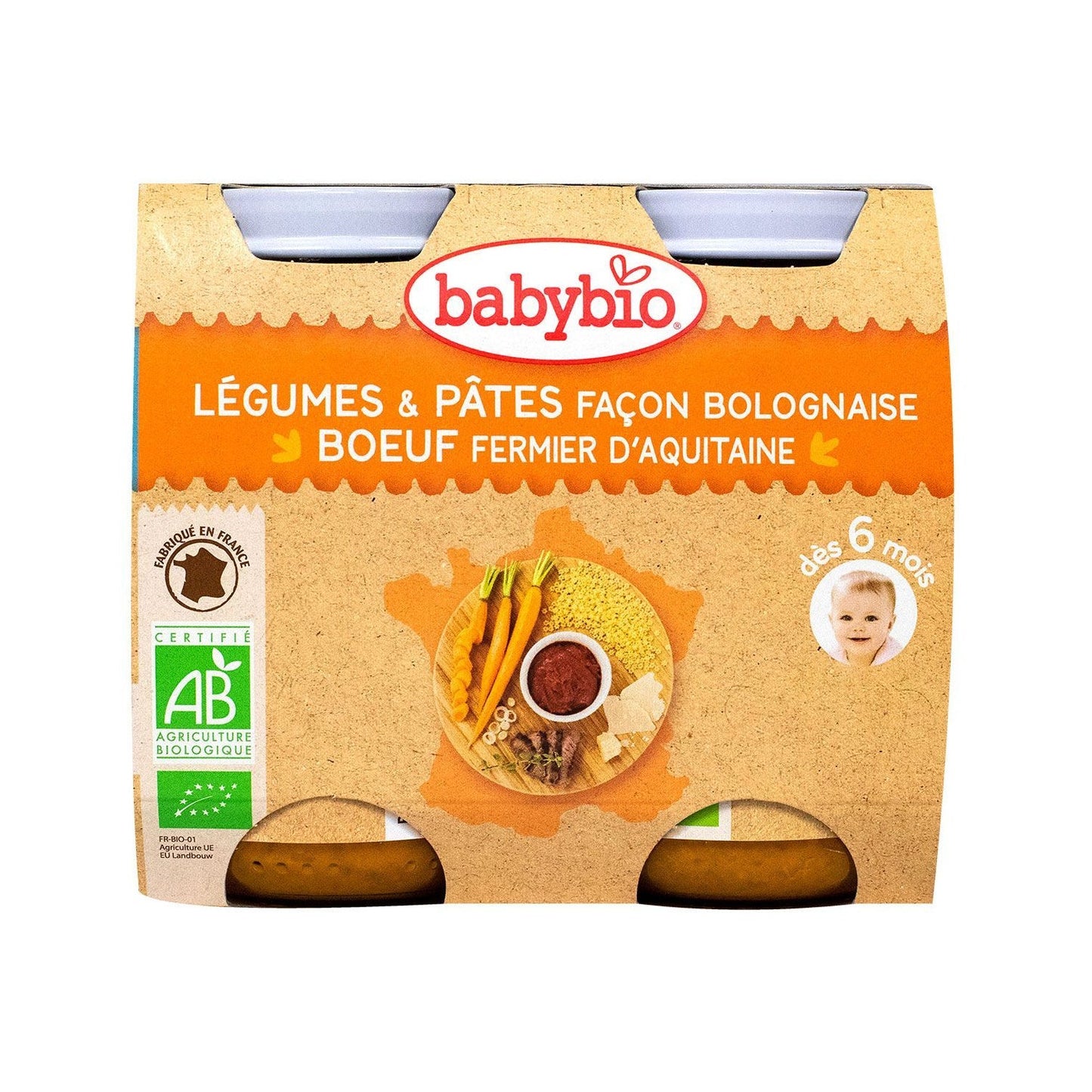 Babybio Menú Diario de 6 Meses Verduras y Pasta al Estilo Boloñés 2x200 Gramos