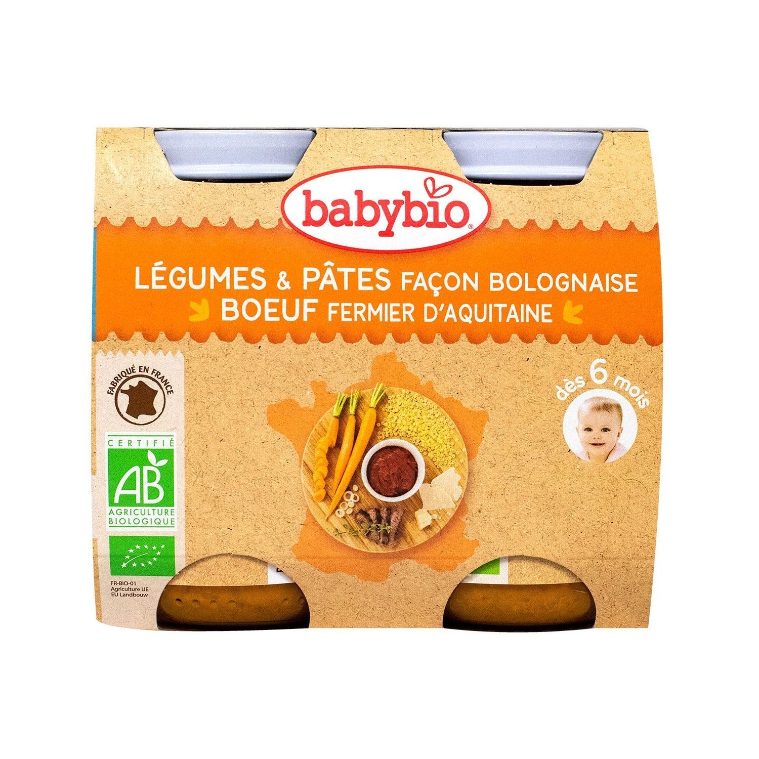 Babybio Menú Diario de 6 Meses Verduras y Pasta al Estilo Boloñés 2x200 Gramos