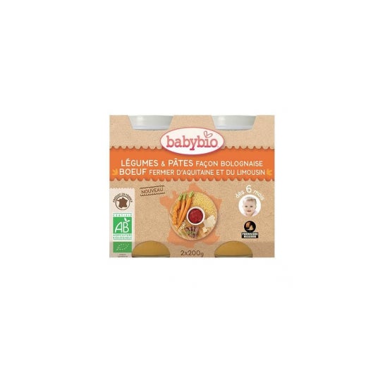 Babybio Menú Diario de 6 Meses Verduras y Pasta al Estilo Boloñés 2x200 Gramos